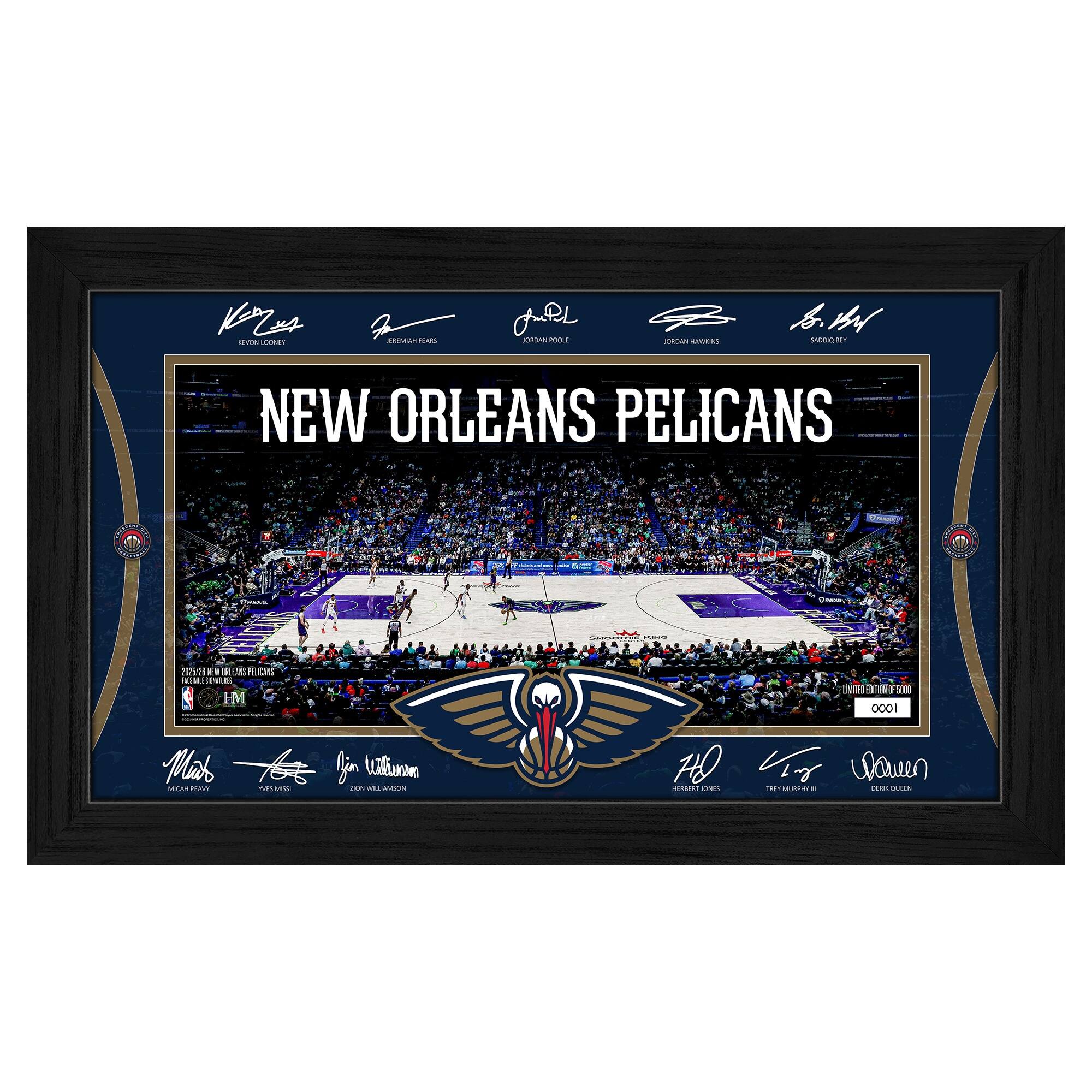 Sure, here is the corrected and grouped text from the image:

---

**NEW ORLEANS PELICANS**

**2021-22 NEW ORLEANS PELICANS**

**LIMITED EDITION OF 500**

**0001**

**SIGNATURES:**

- Kevin Love
- Jordan Evans
- Jaxson Hayes
- Josh Hart
- Nickeil Alexander-Walker
- Herb Jones
- Trey Murphy IV
- Zion Williamson
- Tyrese Maxey
- Darius Garland
- Devonte' Graham
- Derrick Favors
- Eric Gordon
- Jrue Holiday
- Brandon Ingram
- Khris Middleton
- Jrue Holiday
- Zion Williamson
- Tyrese Maxey
- Darius Garland
- Devonte' Graham
- Derrick Favors
- Eric Gordon
- Jrue Holiday
- Brandon Ingram
- Khris Middleton

**NBA**

**HM**

---

This text includes the team name, the season, the limited edition number, and the signatures of various players.