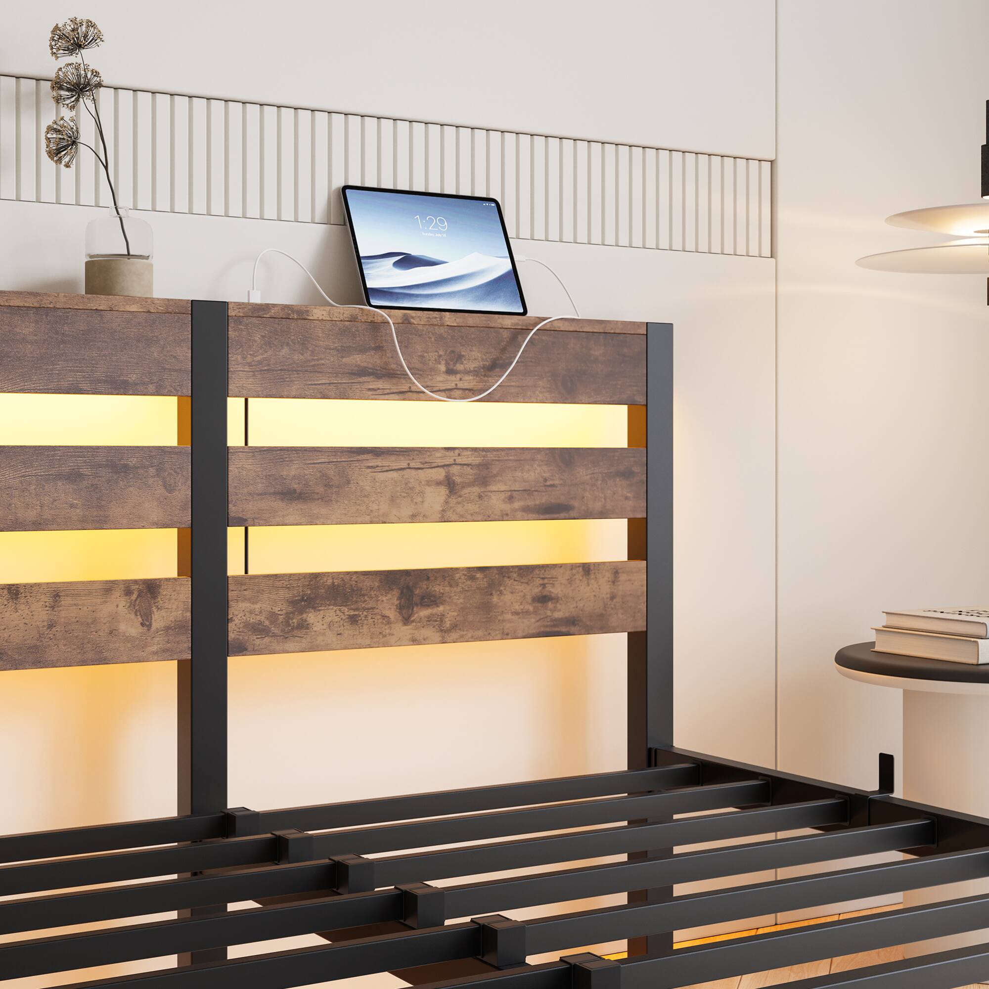 Alt View 8. GOODSILO - Full Size Metal Bed Frame with Wooden Headboard, RGB Lights, Charging Ports, Storage Shelf, Noise-Free Design - Beige+Brown.