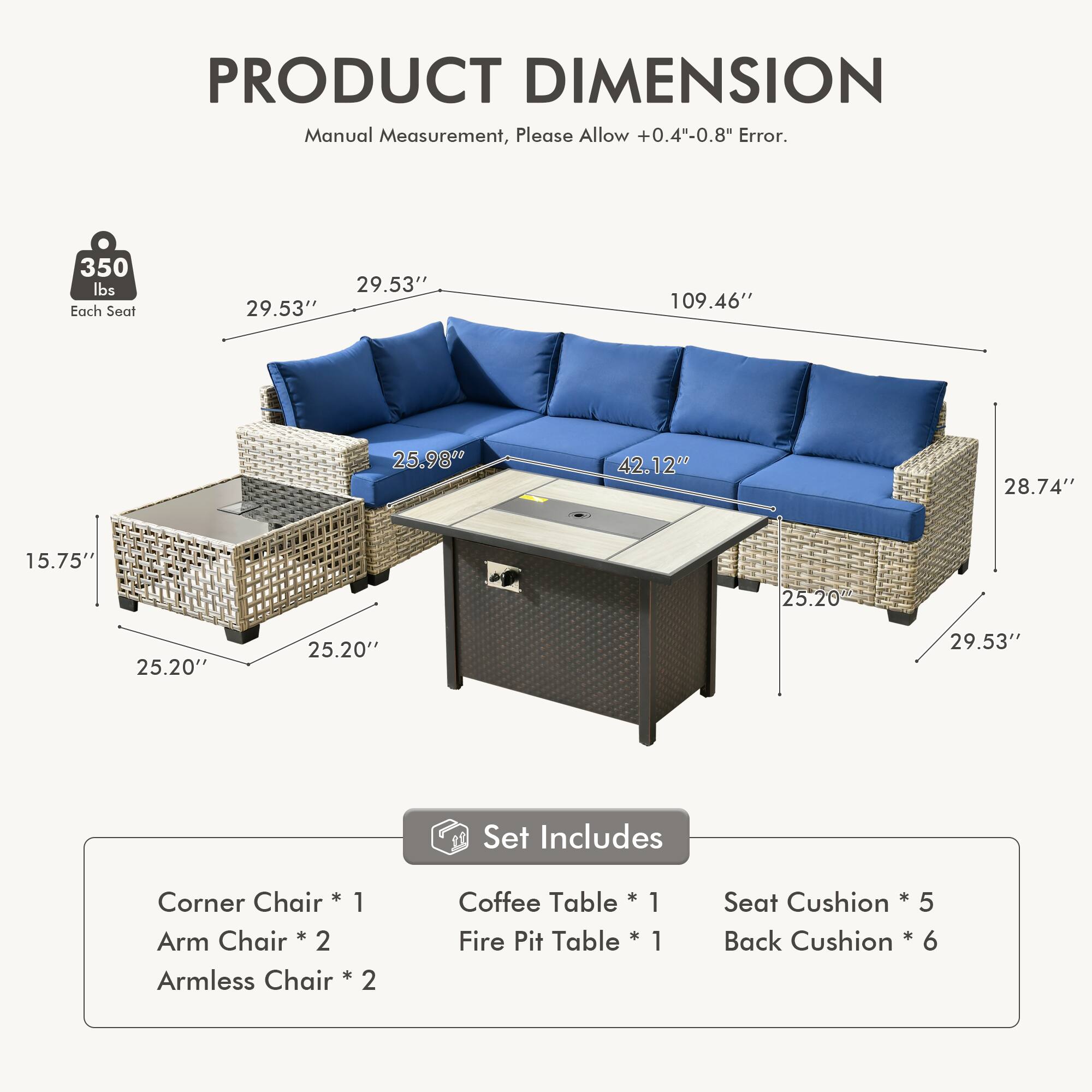 Alt View 1. Ovios - 7 PCS Patio Sectional Furniture with 42" Fire Pit Table Rattan Wicker Coversation Couch Set - Denim Blue.