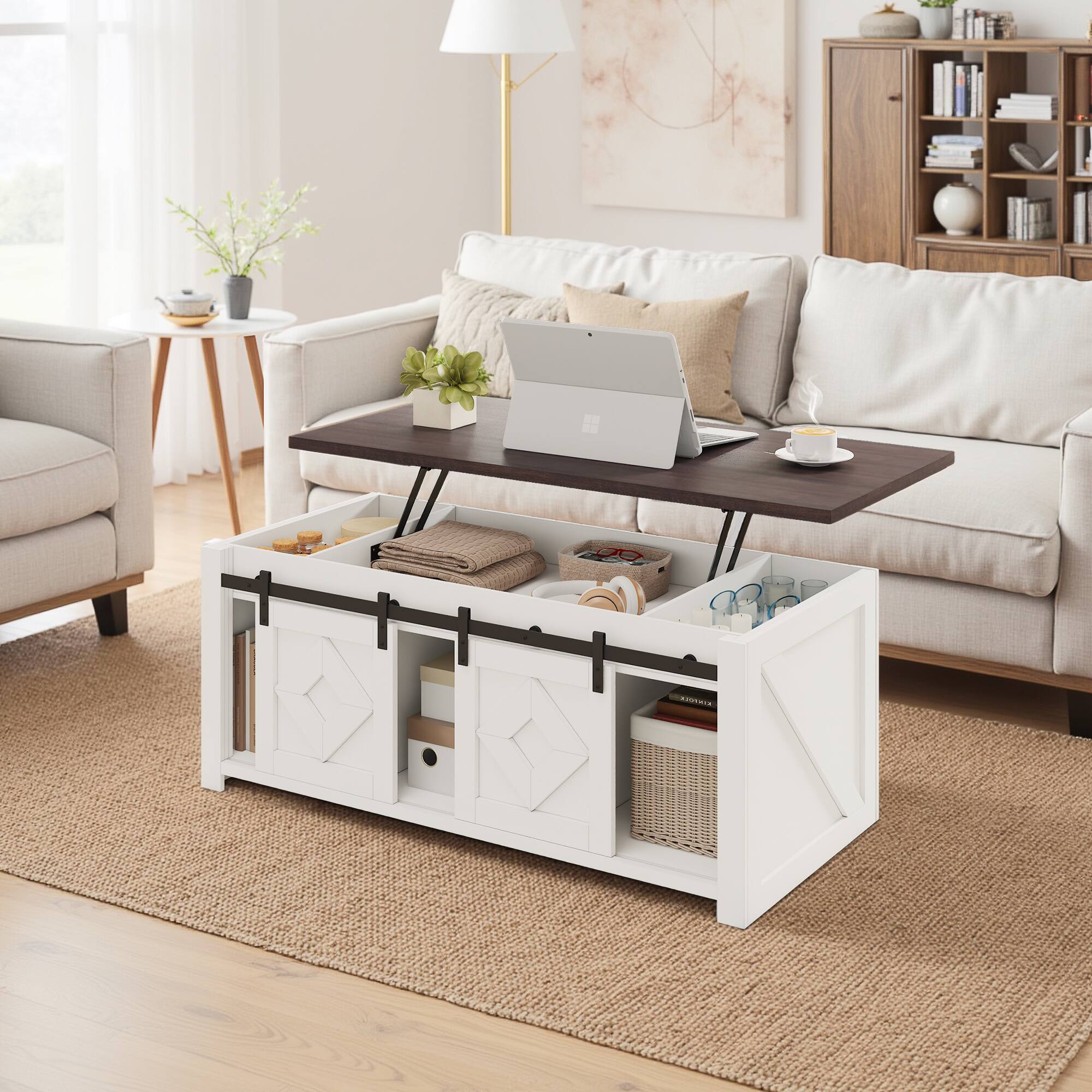 Angle. U-HOMY - Lift Top Coffee Table with Storage and Sliding Barn Doors, Farmhouse Center Table for Living Room - White.