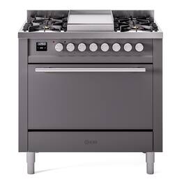 ILVE - Professional Plus II Series 36 in. Dual Fuel Range with 6 Sealed Burners + Griddle (Liquid Propane, Satin Trim) - Graphite Matte