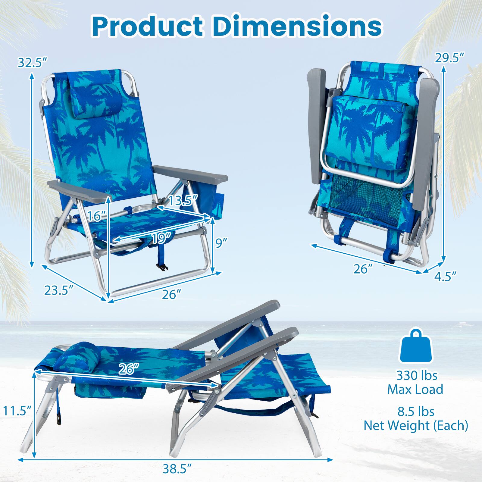 Product Dimensions

- 32.5" (Height)
- 29.5" (Height when folded)
- 16" (Seat width)
- 13.5" (Armrest width)
- 19" (Seat depth)
- 9" (Backrest depth)
- 23.5" (Folded length)
- 26" (Leg rest width)
- 4.5" (Folded height)
- 26" (Leg rest width when folded)
- 38.5" (Folded length when folded)

Max Load: 330 lbs

Net Weight (Each): 8.5 lbs