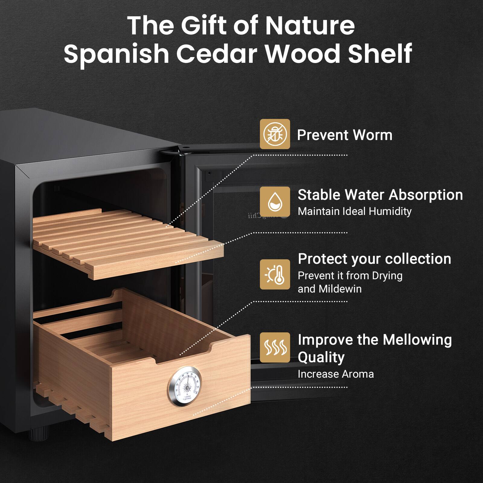 The Gift of Nature Spanish Cedar Wood Shelf

- Prevent Worm
- Stable Water Absorption
  - Maintain Ideal Humidity
- Protect your collection
  - Prevent it from Drying and Mildew
- Improve the Mellowing Quality
  - Increase Aroma