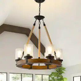 RYHNUYNE - 6 Light Rustic Wagon Wheel Chandelier,Farmhouse Dining Room Light Fixture with Seeded Glass Shade,Round Wood Chandelier - Brown