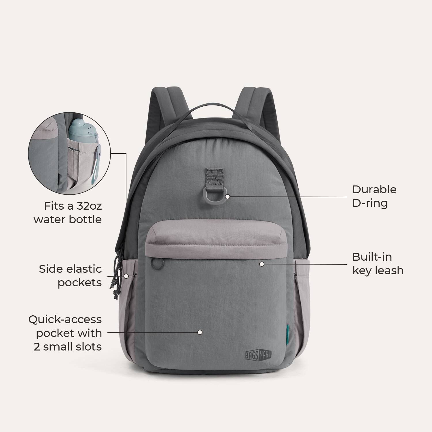 Fits a 32oz water bottle  
Durable D-ring  
Side elastic pockets  
Built-in key leash  
Quick-access pocket with 2 small slots  
BAGS MART