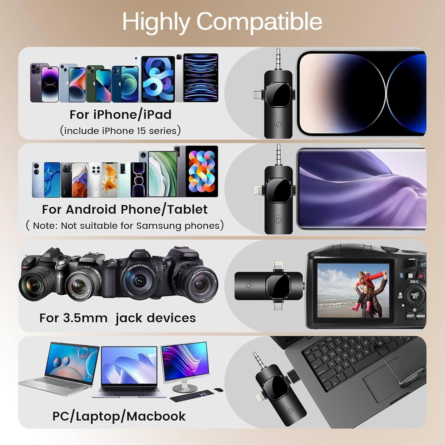 Highly Compatible

For iPhone/iPad  
(include iPhone 15 series)

For Android Phone/Tablet  
(Note: Not suitable for Samsung phones)

For 3.5mm jack devices

PC/Laptop/Macbook