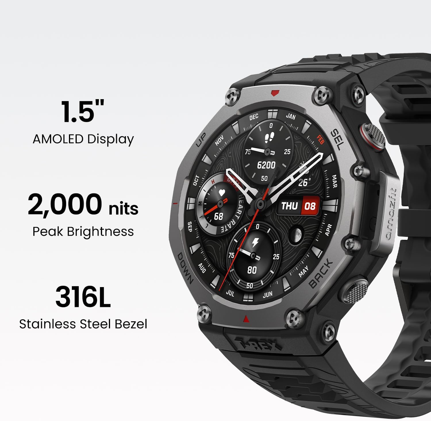 The watch has a 1.5" AMOLED display with a peak brightness of 2,000 nits. It also features a 316L stainless steel bezel. The watch is designed by Casio and is available in black. The watch face is black and gray, and it is water-resistant. The watch is also equipped with a GPS function and a thermometer. The watch is available in December, January, and February.