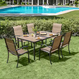 Nuu Garden - 7-Piece Patio Ergonomic Textilene and Metal Dining Set with Umbrella Hole - Wood-Grain Tabletop