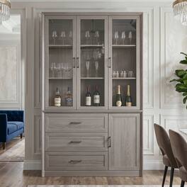 FUFU & GAGA - Modern Grey Curio Cabinet with Glass Doors & Drawers, Dining Room Sideboard for Wine Glasses Storage, Anti-Tip - Gray
