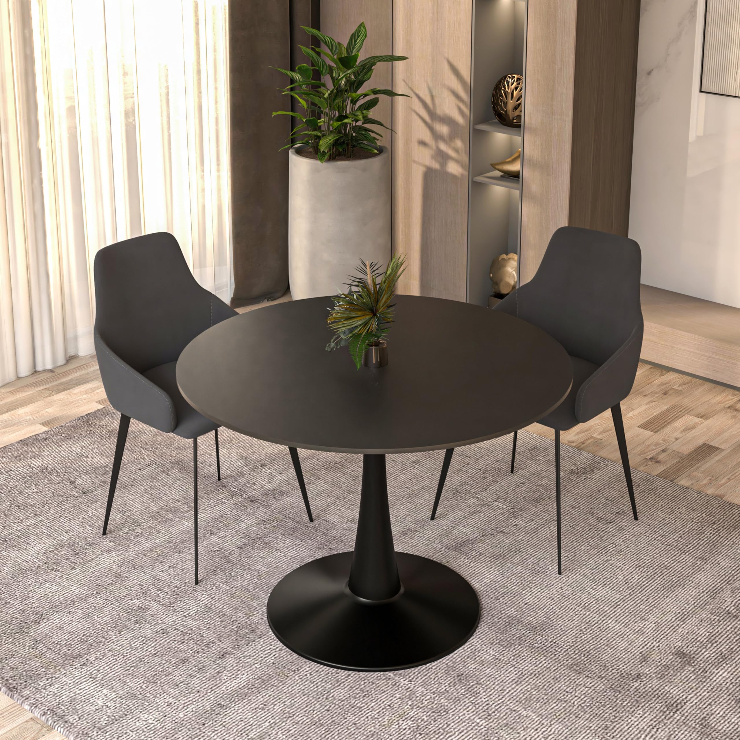 Angle. LeisureMod - Bristol 40" Round Dining Table MDF Wood Top Black Steel Pedestal Base Accent Café Table for Kitchen & Dining Spaces - Black.