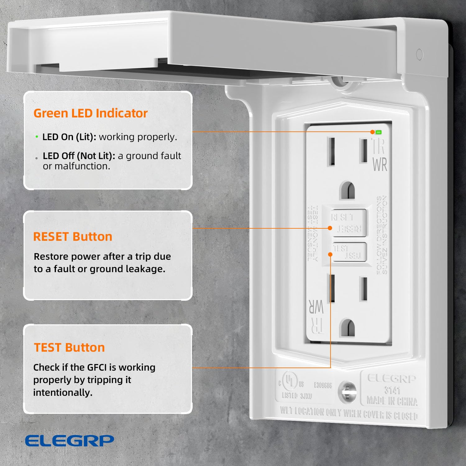 Green LED Indicator  
- LED On (Lit): working properly.  
- LED Off (Not Lit): a ground fault or malfunction.  

RESET Button  
Restore power after a trip due to a fault or ground leakage.  

TEST Button  
Check if the GFCI is working properly by tripping it intentionally.  

ELEGRP  
LISTED 3JXU  
MADE IN CHINA  
WIT LOCATION ONLY WHEN COVER IS CLOSED
