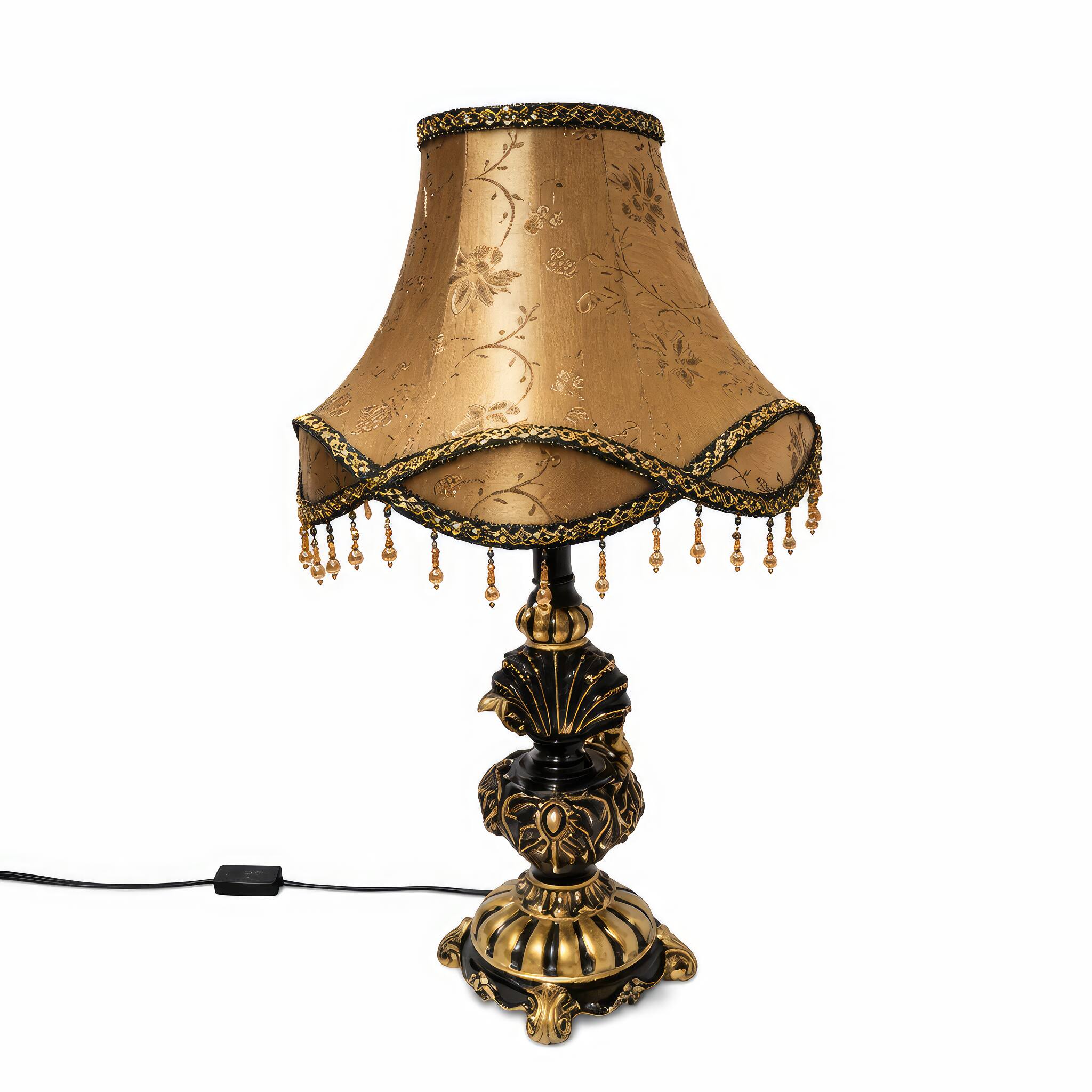 Angle. FC Design - 24"H Gold Detailed Dark Vase w/ Brown Fringe Palace Shade Table Lamp.