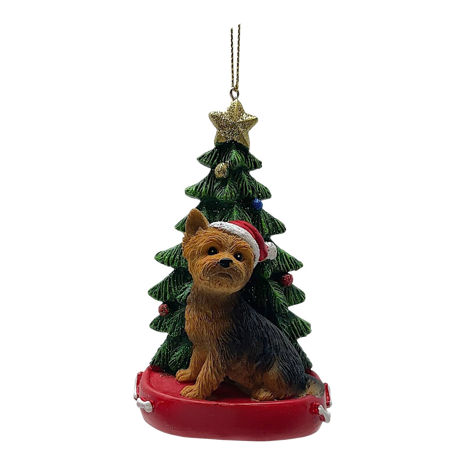 Front. Kurt S Adler - Kurt Adler Yorkshire Terrier Dog with Santa Hat and Christmas Tree Resin Ornament 4.25 inch - Multicolor.