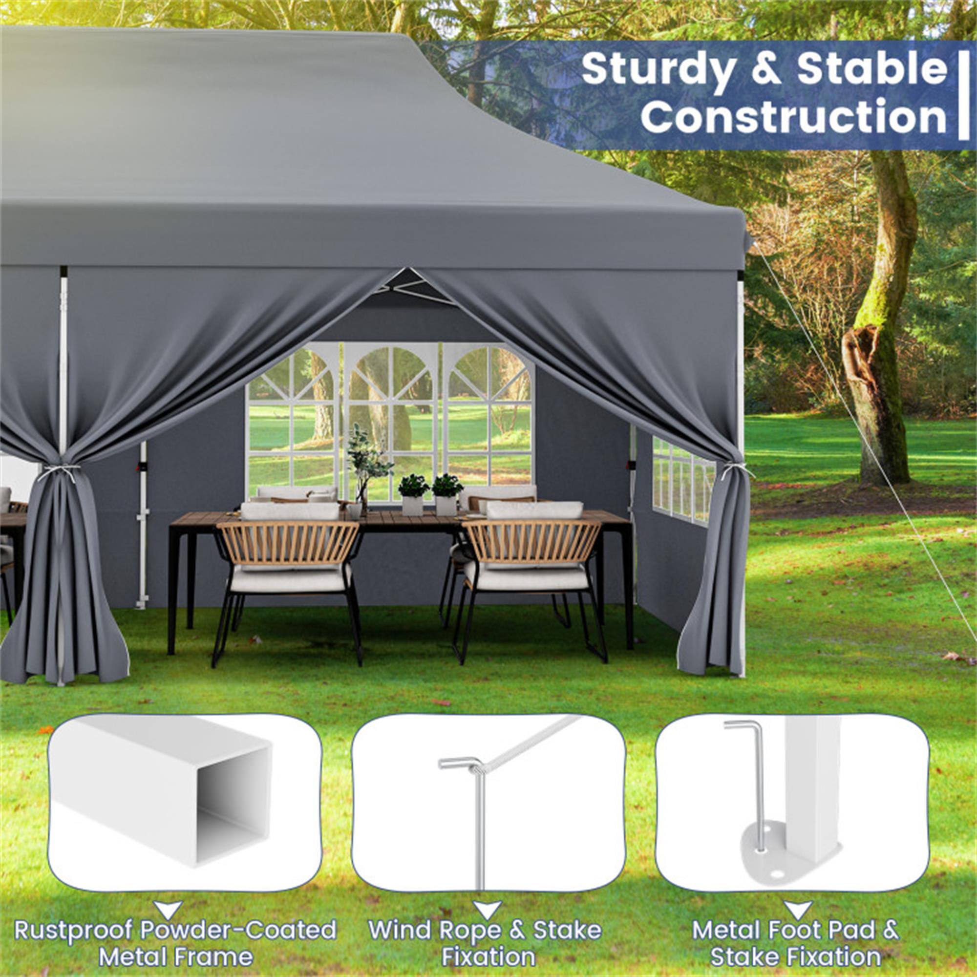 Sturdy & Stable Construction  
- Rustproof Powder-Coated Metal Frame  
- Wind Rope & Stake Fixation  
- Metal Foot Pad & Stake Fixation