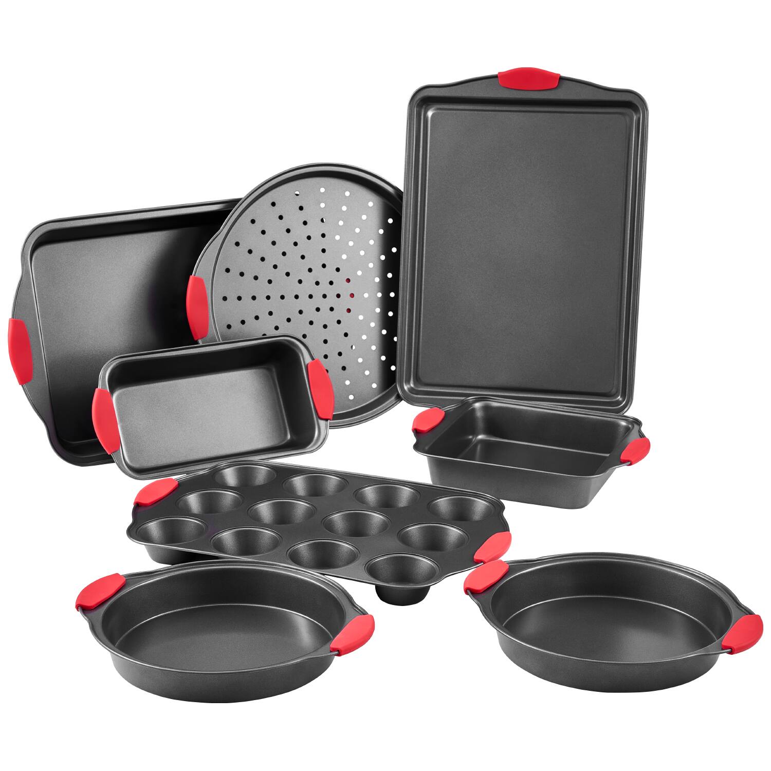 Front. VEVOR - Baking Pans Set, 8-Piece, Nonstick Carbon Steel Cookware Sheets & Trays, Stackable Kitchen Oven Bakeware Cooking Sets - Charcoal Black.