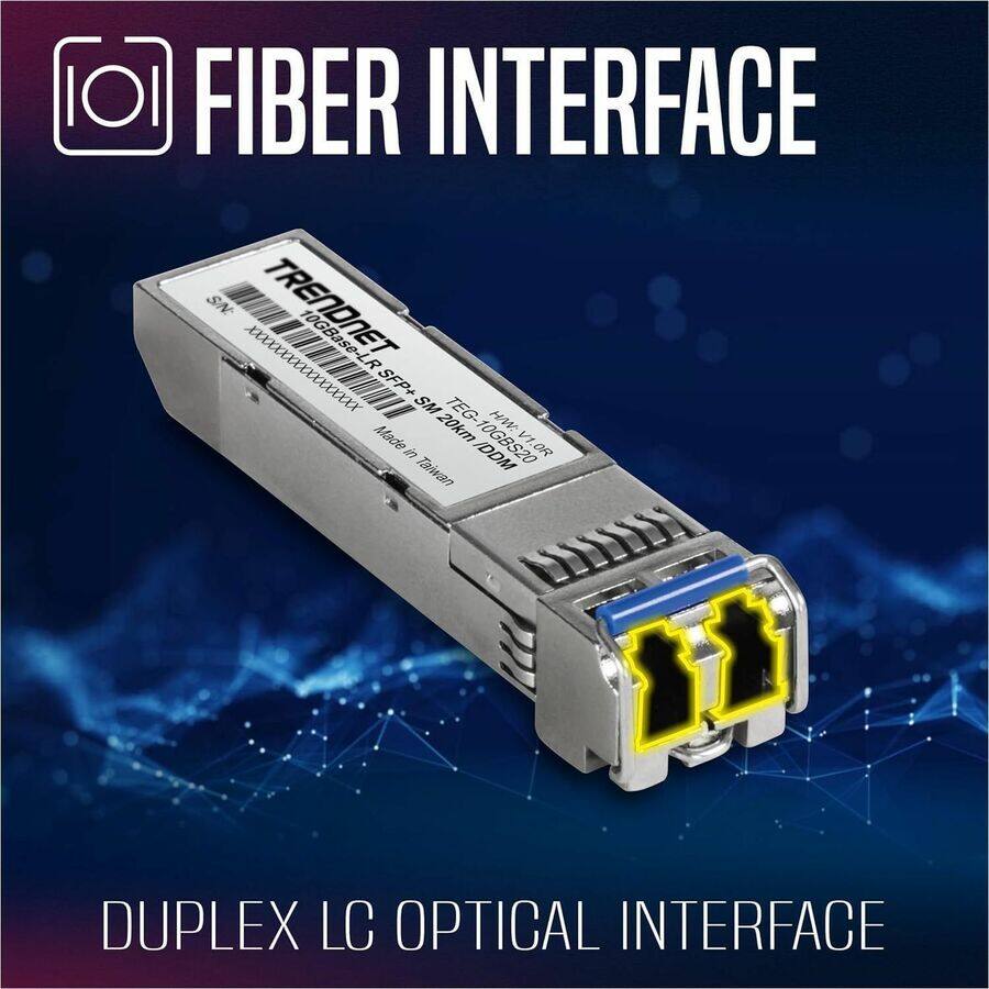 FIBER INTERFACE

TRENDNET
10GBase-LR SFP+ SM
TEG-10G-200M
20km
Made in Taiwan

DUPLEX LC OPTICAL INTERFACE