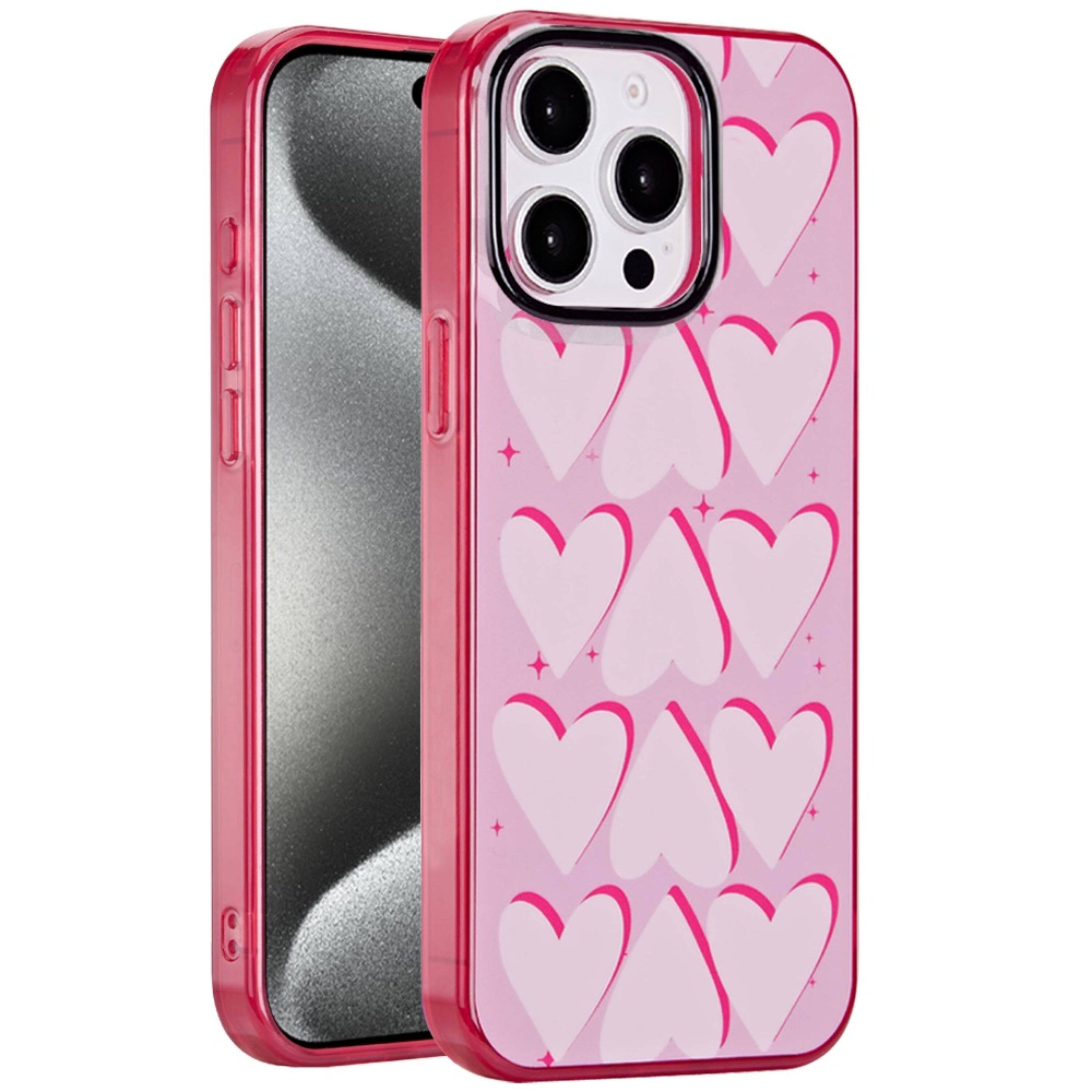 Left. Kitcheniva - Dual Layer TPU Protective Case With Tempered Glass For iPhone 15 Pro Max Big Hearts - Multicolor.