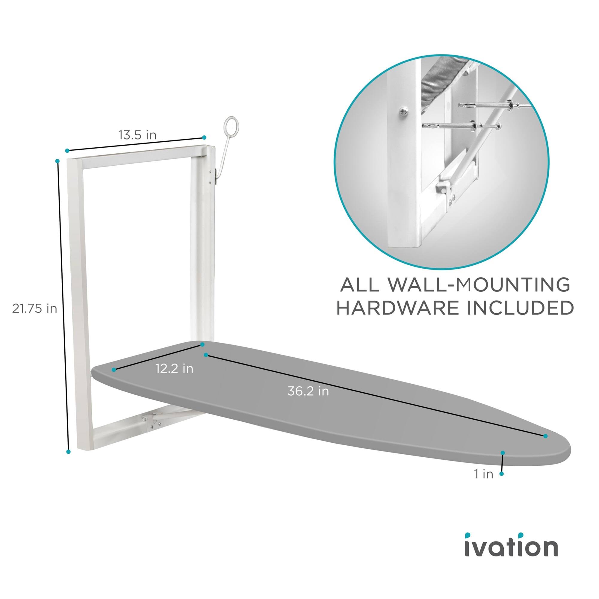 13.5 in, 21.75 in, 12.2 in, 36.2 in, 1 in, ALL WALL-MOUNTING HARDWARE INCLUDED, ivation