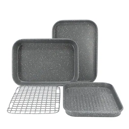 Front. Oster - Oster Greystone 4 Piece Nonstick Carbon Steel Toaster Oven Bakeware Set in Speckled Grey - Speckled Gray.