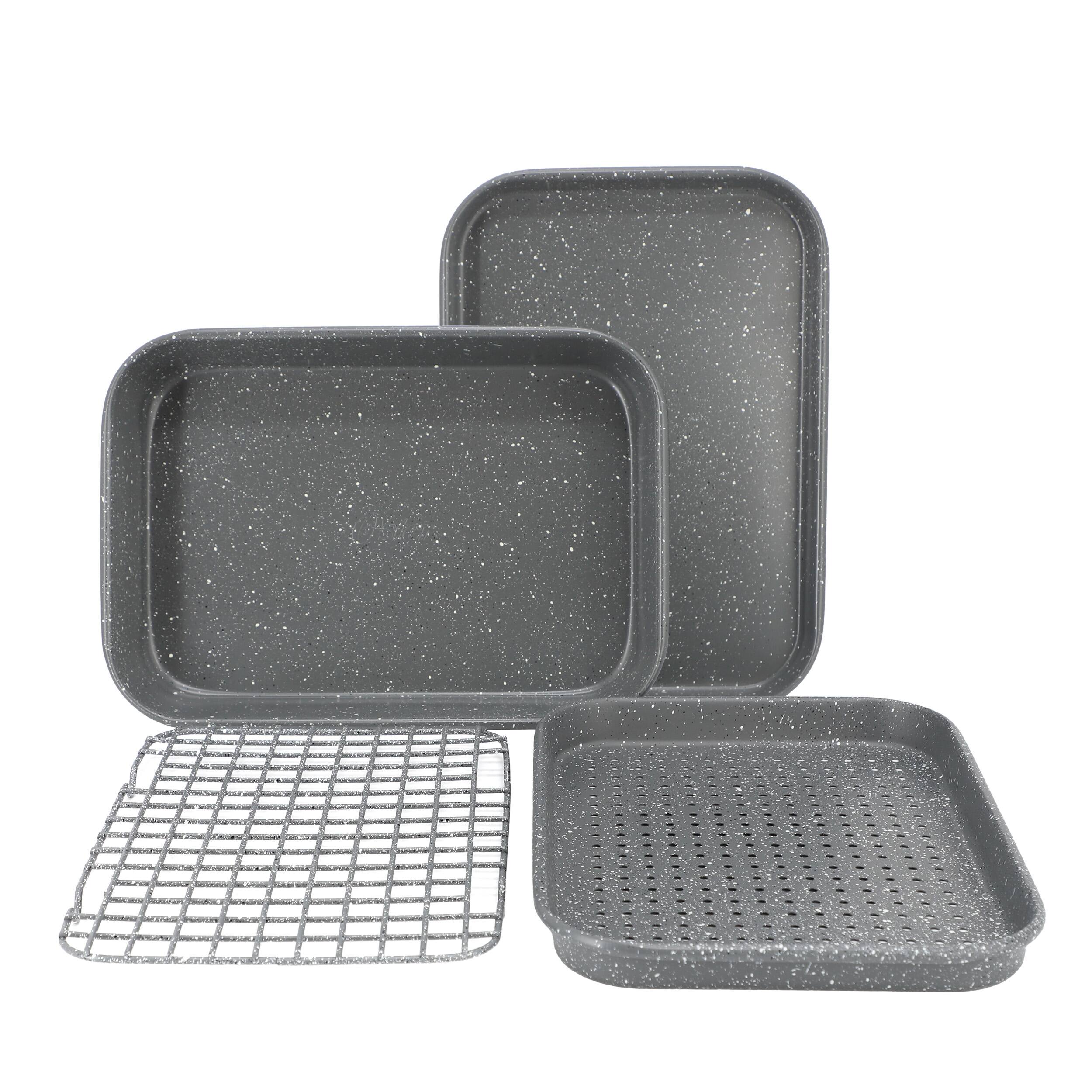 Front. Oster - Oster Greystone 4 Piece Nonstick Carbon Steel Toaster Oven Bakeware Set in Speckled Grey - Speckled Gray.