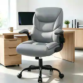 KERDOM - PU Leather Ergonomic Home Desk Chair, Tilt Swivel Mid Back Computer Chair Adjustable Height, Padded Flip-Up Armrests - Gray