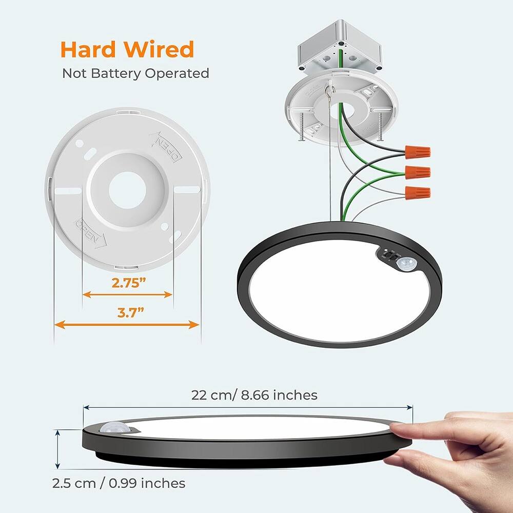 Hard Wired  
Not Battery Operated  

2.75"  
3.7"  

22 cm / 8.66 inches  

2.5 cm / 0.99 inches