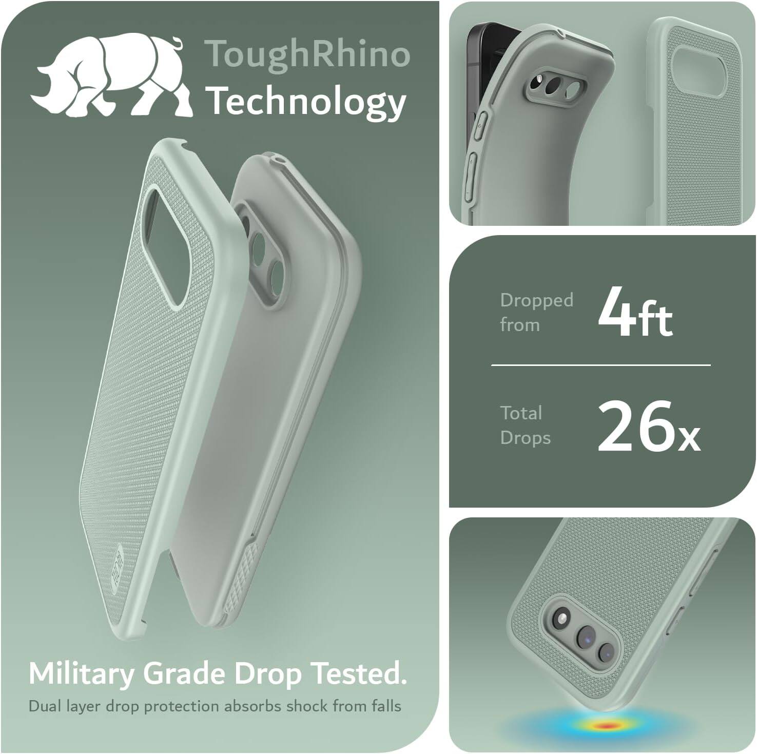 ToughRhino Technology

Dropped from 4ft  
Total Drops 26x

Military Grade Drop Tested.  
Dual layer drop protection absorbs shock from falls