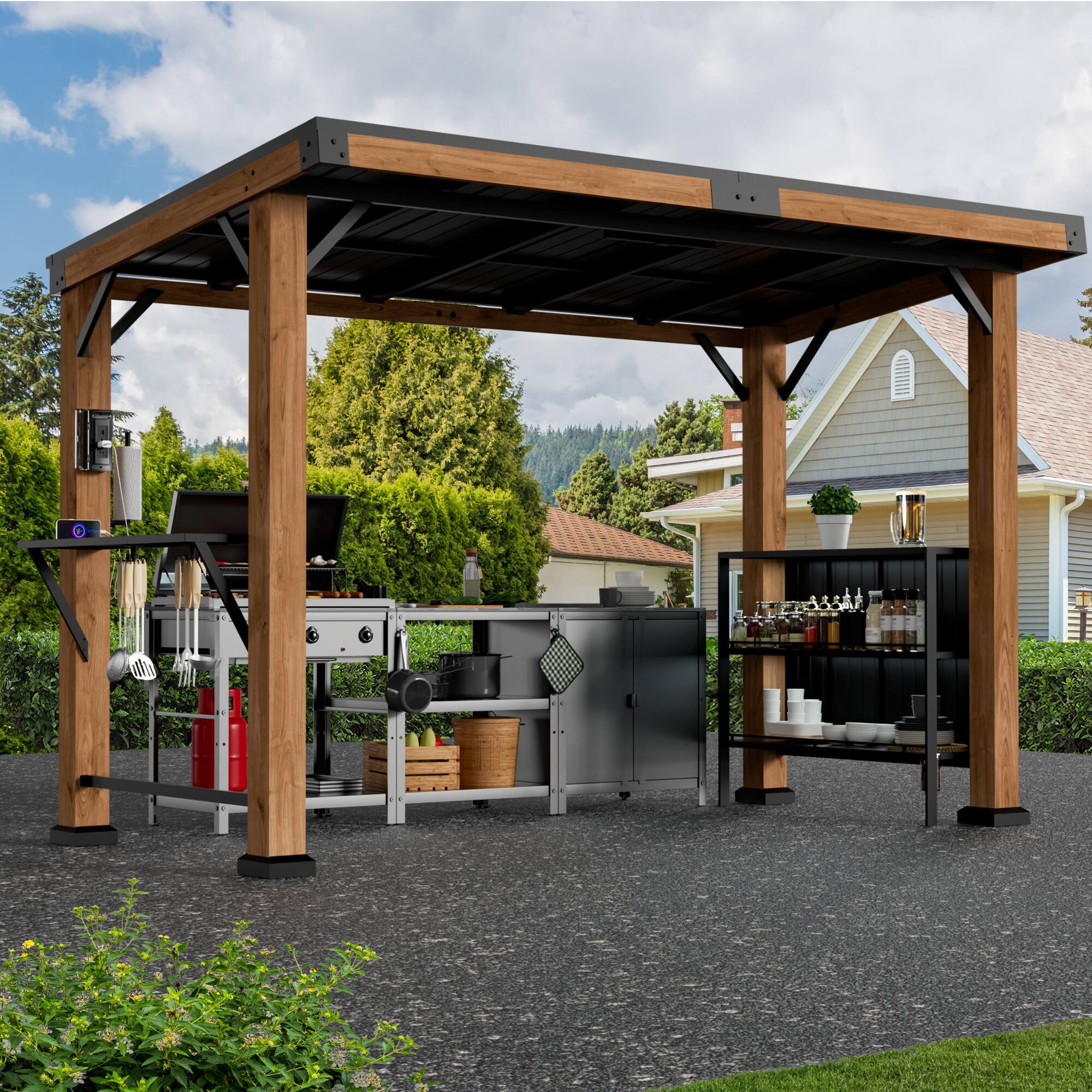 Front. Modern Shade Outdoor Living Spaces - Modern Shade Woodberry Grill Gazebo 6' X 12', Cedar Wood Gazebo with Dual bar Tops & Shelves - Brown.