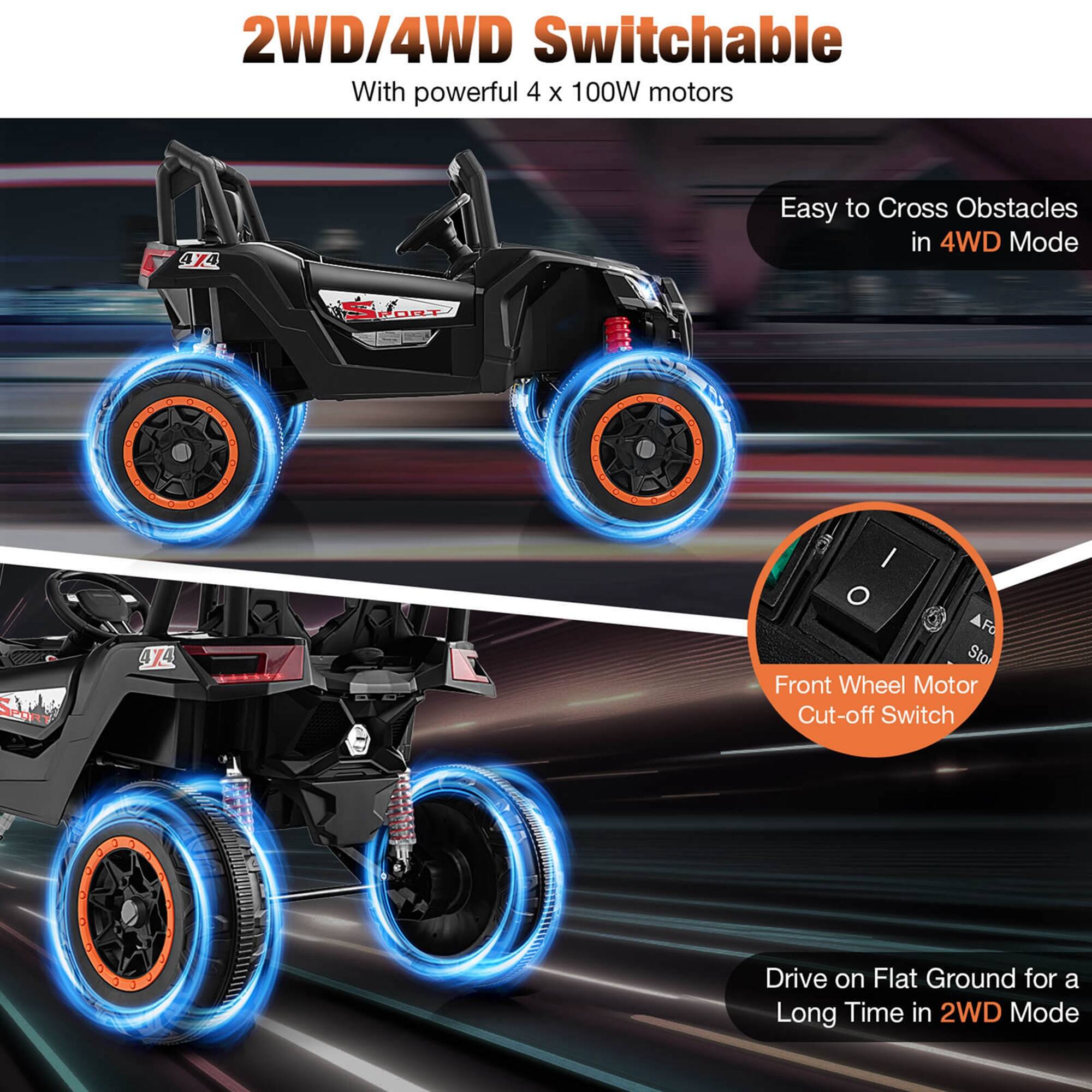 2WD/4WD Switchable  
With powerful 4 x 100W motors  

Easy to Cross Obstacles in 4WD Mode  

Front Wheel Motor Cut-off Switch  

Drive on Flat Ground for a Long Time in 2WD Mode
