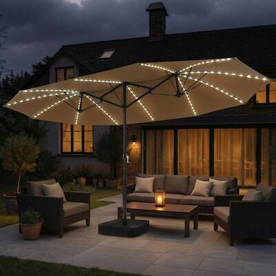 Angle. Crestlive Products - Crestlive Products 15 x 10FT Solar Light Double-Sided Patio Outdoor Umbrella Tilting Waterproof Metal Pole Base Included - tan.