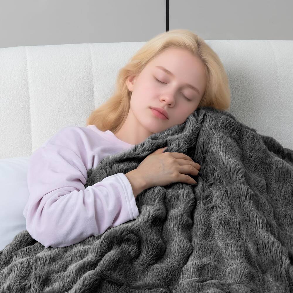 Left. MOSZAR LLC - Electric Heated Throw Blanket, Soft Bubble, Light Gray, 50"x60" - Light Grey.