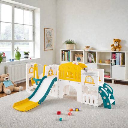 Front. BreeBe - Toddler Multi-Activity Playset Featuring 10 Functions Including Slide, Swing, and Hoop - Yellow.