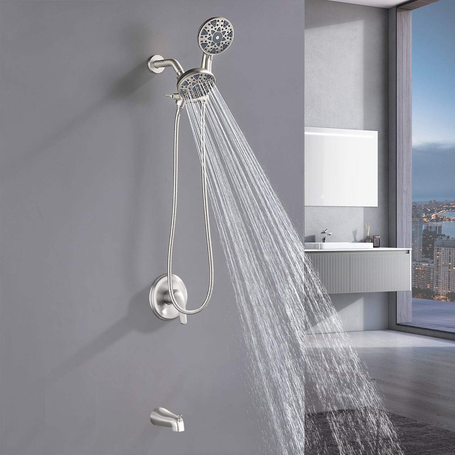 Alt View 3. Boyel Living - Brushed Nickel Shower Set with Pressure Balance Valve 6 Function Dual Shower Heads and Tub Spout - Brushed Nickel.