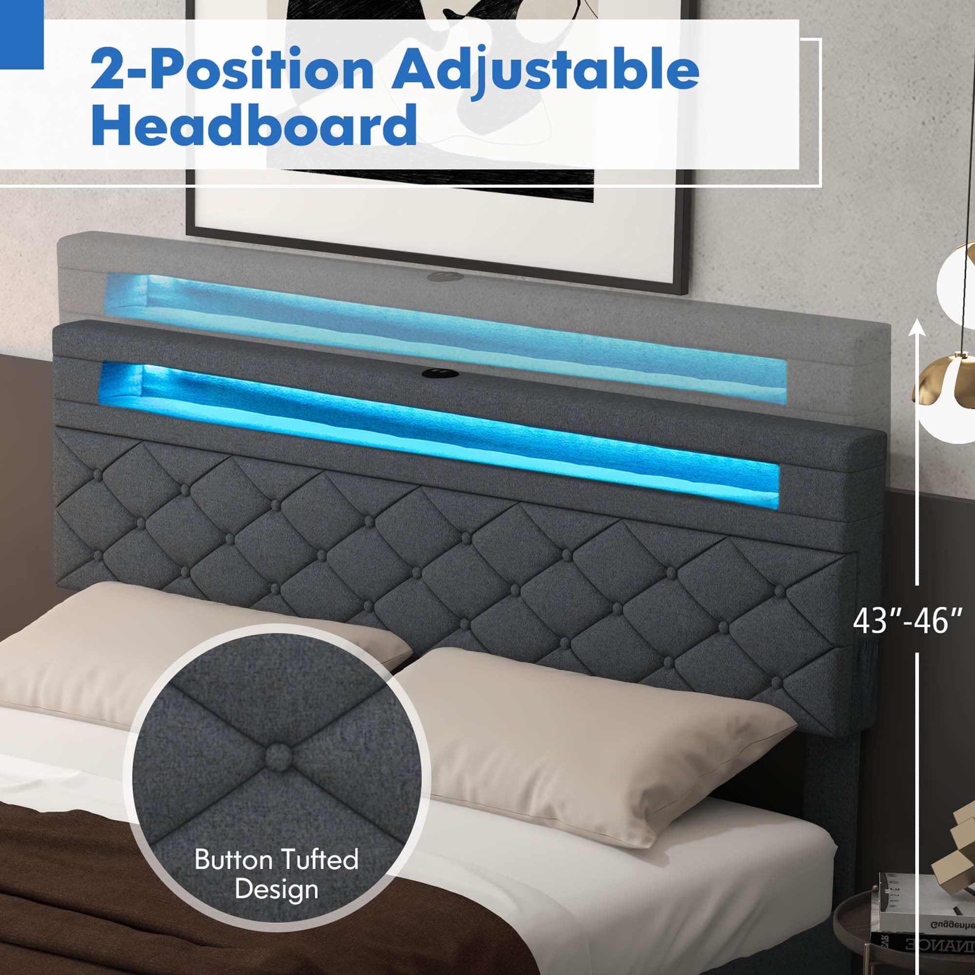 2-Position Adjustable Headboard 43"-46" Button Tufted Design