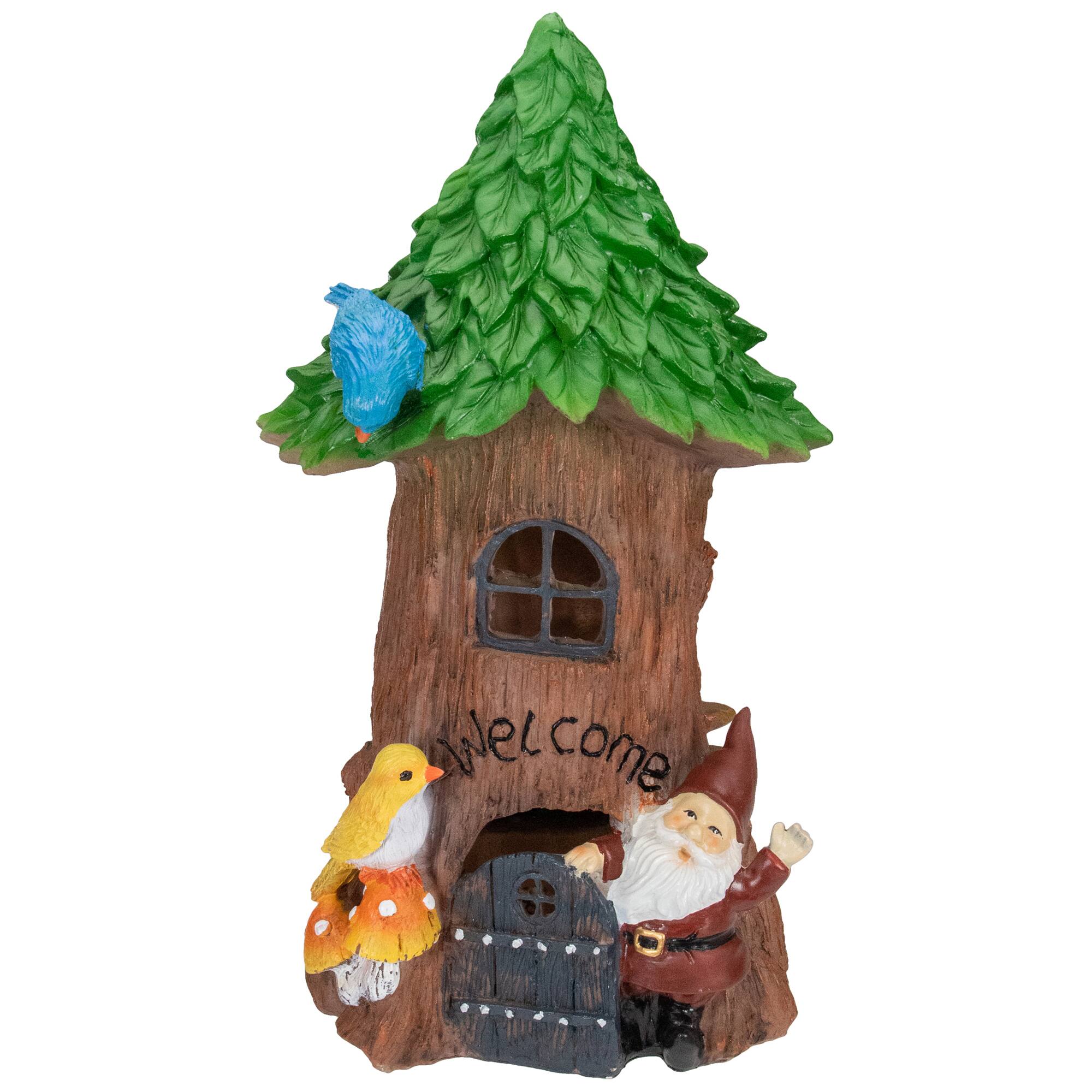 Northlight - 14" Solar Lighted Welcome Gnome Tree House Outdoor Garden Statue - Brown