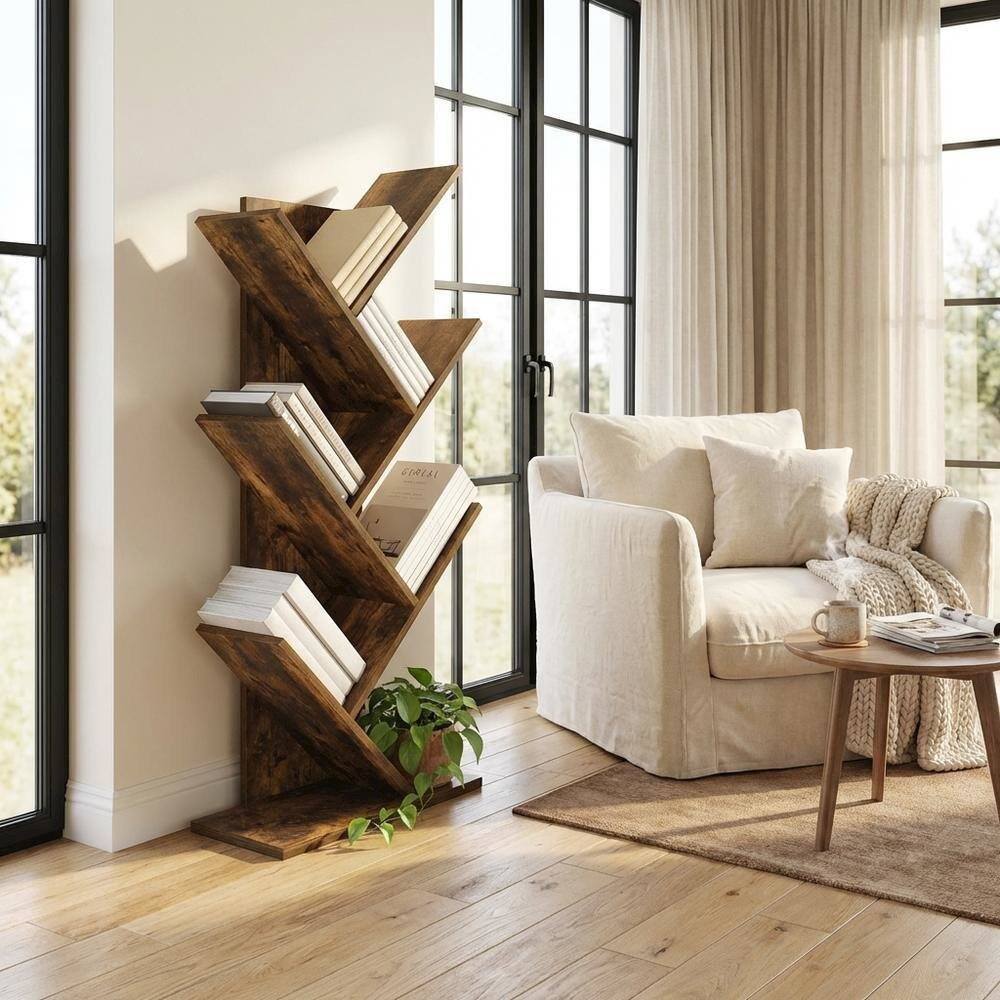 Left. FurniFact - Wood Bookcase in Classic Brown Finish with Sturdy Shelving and Compact Design - Amber Pine.