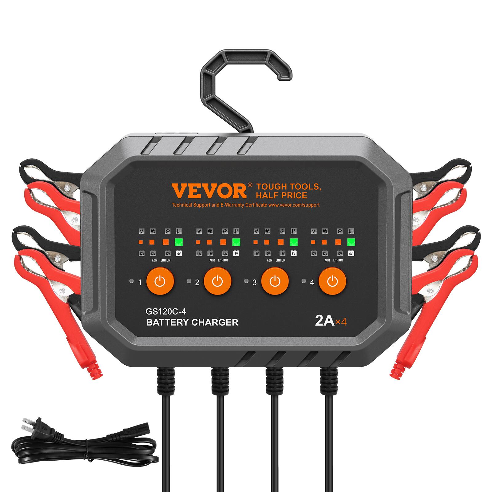 VEVOR  
TOUGH TOOLS, HALF PRICE  
Technical Support and E-Warranty Certificate www.vevor.com/support  

GS120C-4  
BATTERY CHARGER  

2A x 4
