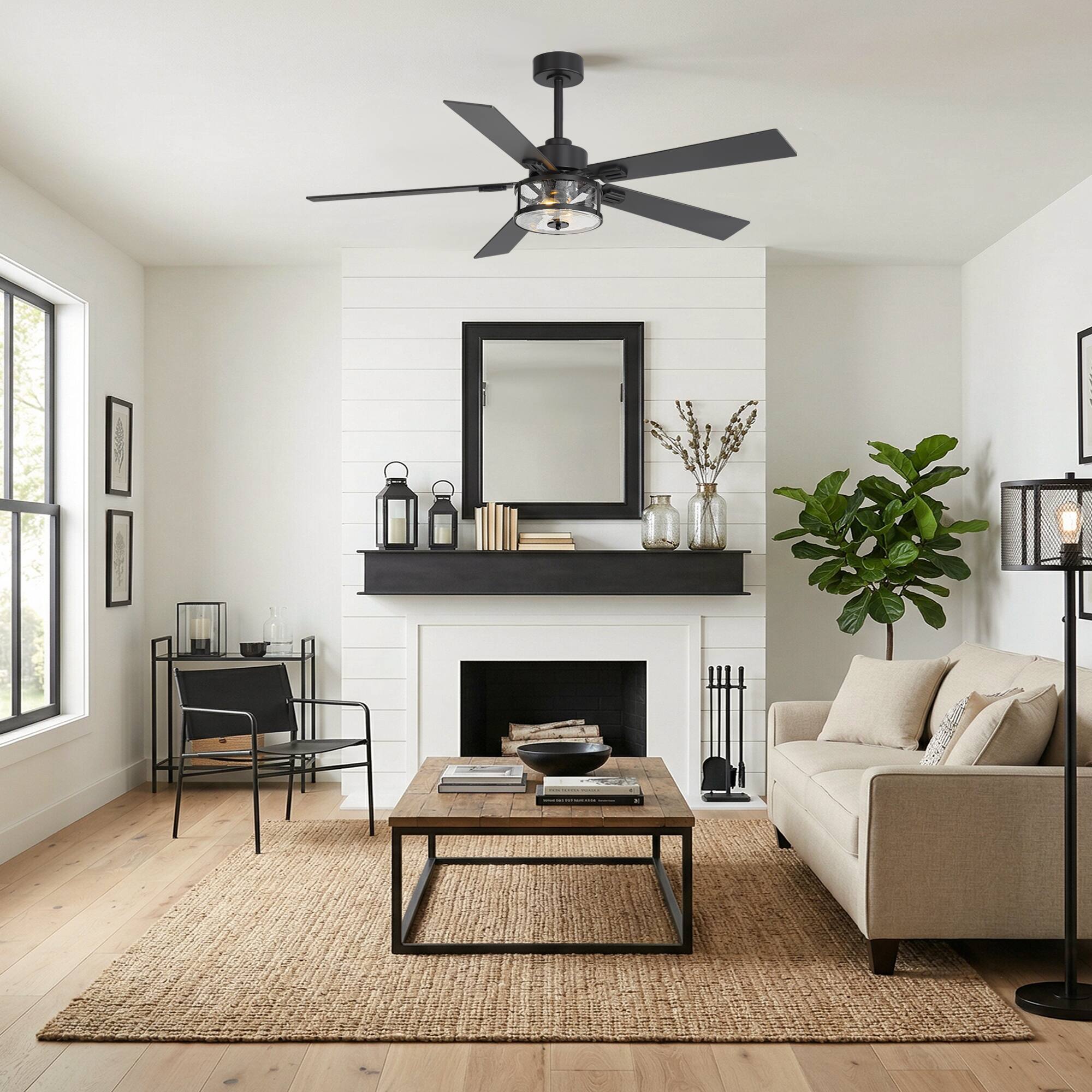 Alt View 1. Breezary - 56-Inch Ceiling Fan with Dual E12 Sockets, 5 Plywood Blades, DC Motor, 6-Speed Remote, 1/2/4h Timer, Glass Shade - 56-inch Matte Black.