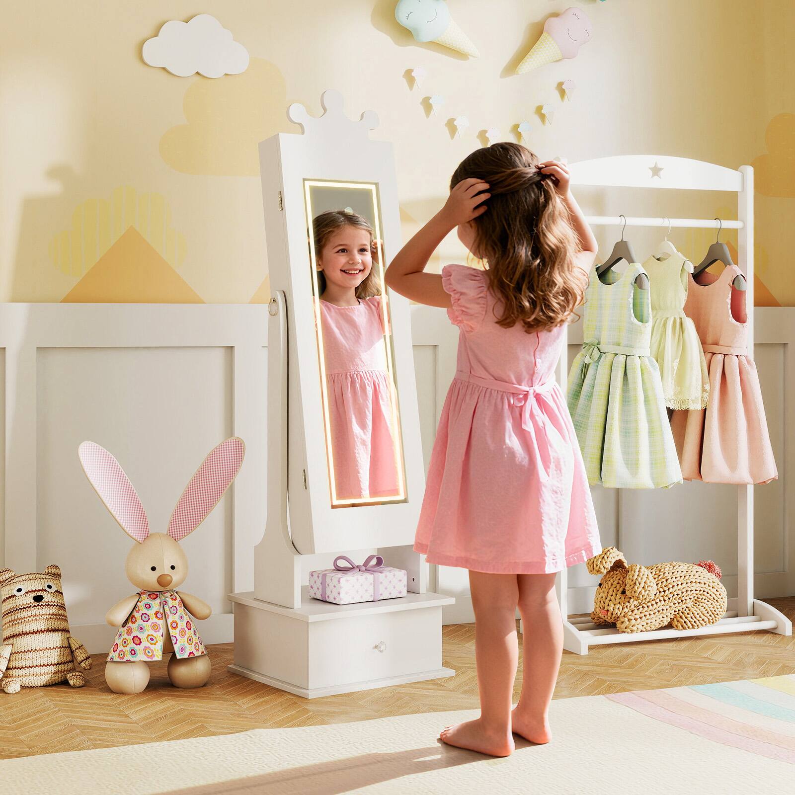 Alt View 1. Gymax - Gymax Kids Jewelry Armoire w/3-Color Lighted Full Length Mirror & Inside Led Lights White - White.