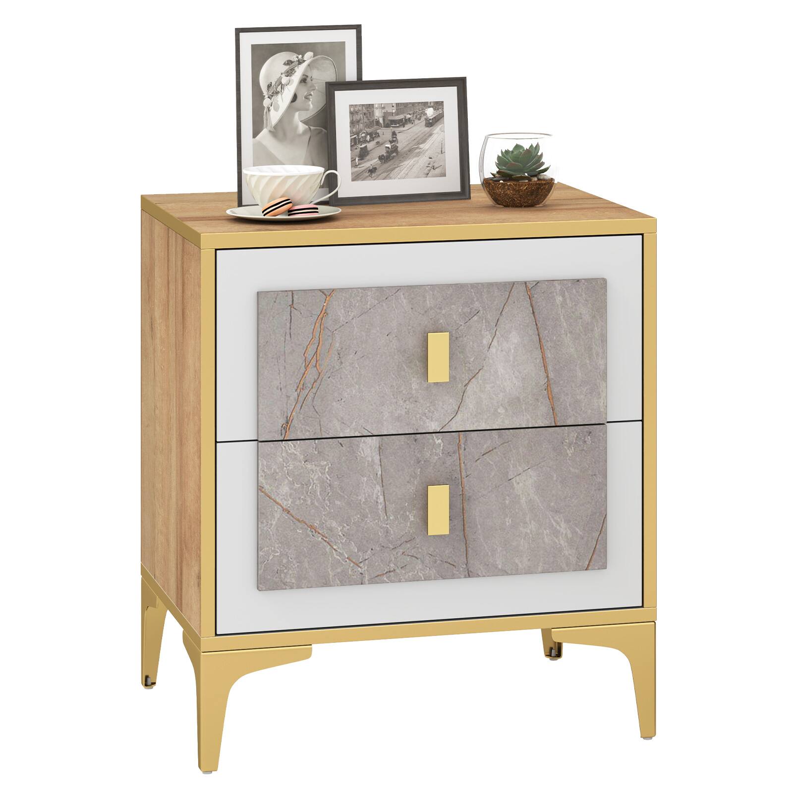 Alt View 3. WELLFOR - Nightstand with 2 Pull-Out Drawers - Natural and Golden.