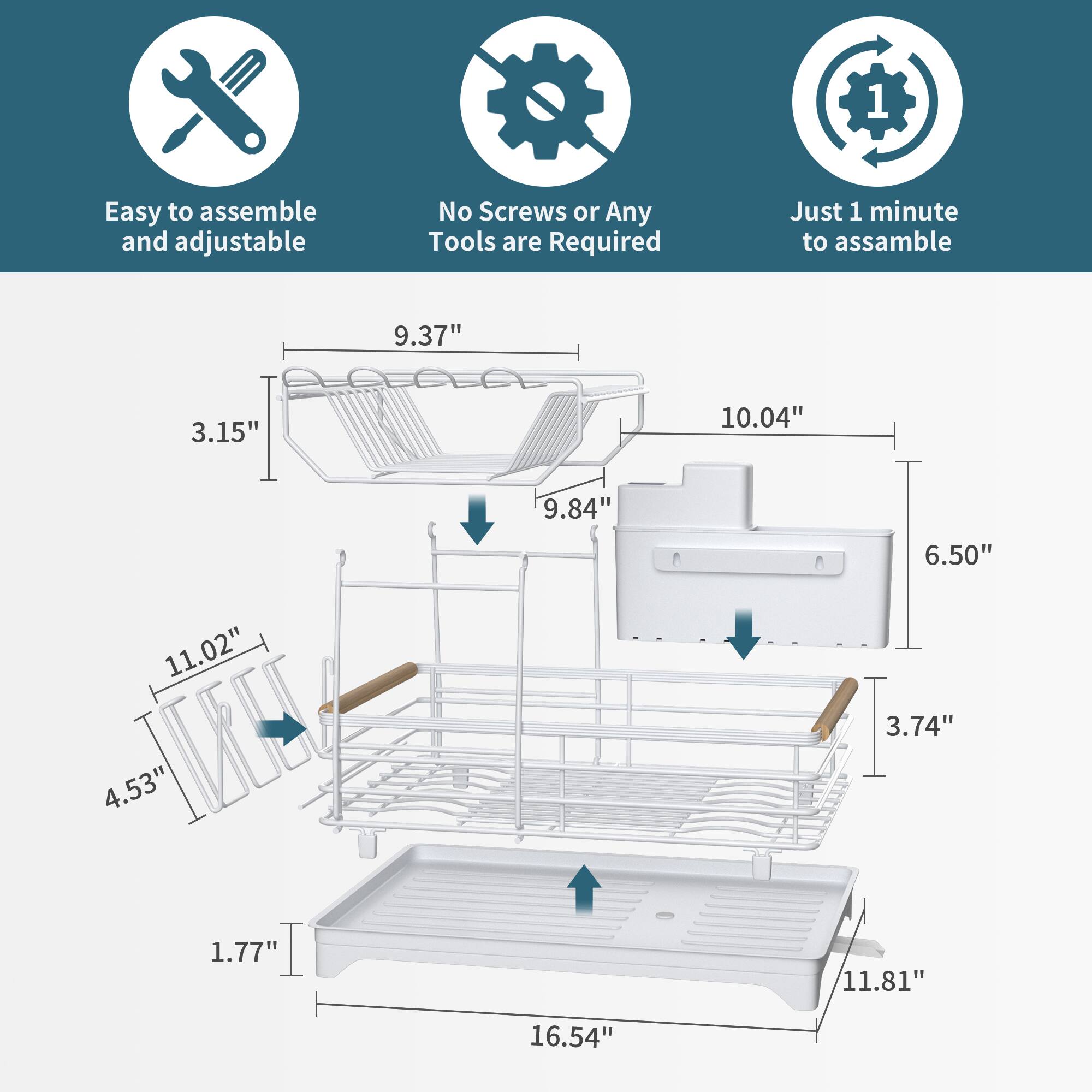 Easy to assemble and adjustable. No screws or any tools are required. Just 1 minute to assemble.

Dimensions:
- 9.37" 
- 3.15" 
- 10.04" 
- 9.84" 
- 6.50" 
- 11.02" 
- 4.53" 
- 3.74" 
- 1.77" 
- 11.81" 
- 16.54"