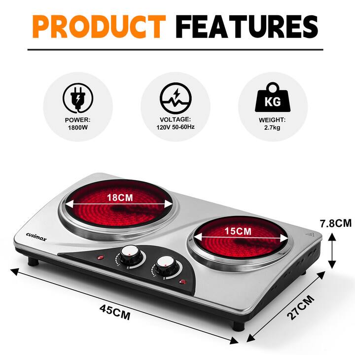 PRODUCT FEATURES

- POWER: 1800W
- VOLTAGE: 120V 50-60Hz
- WEIGHT: 2.7kg

Dimensions:
- 18CM
- 15CM
- 7.8CM
- 45CM
- 27CM