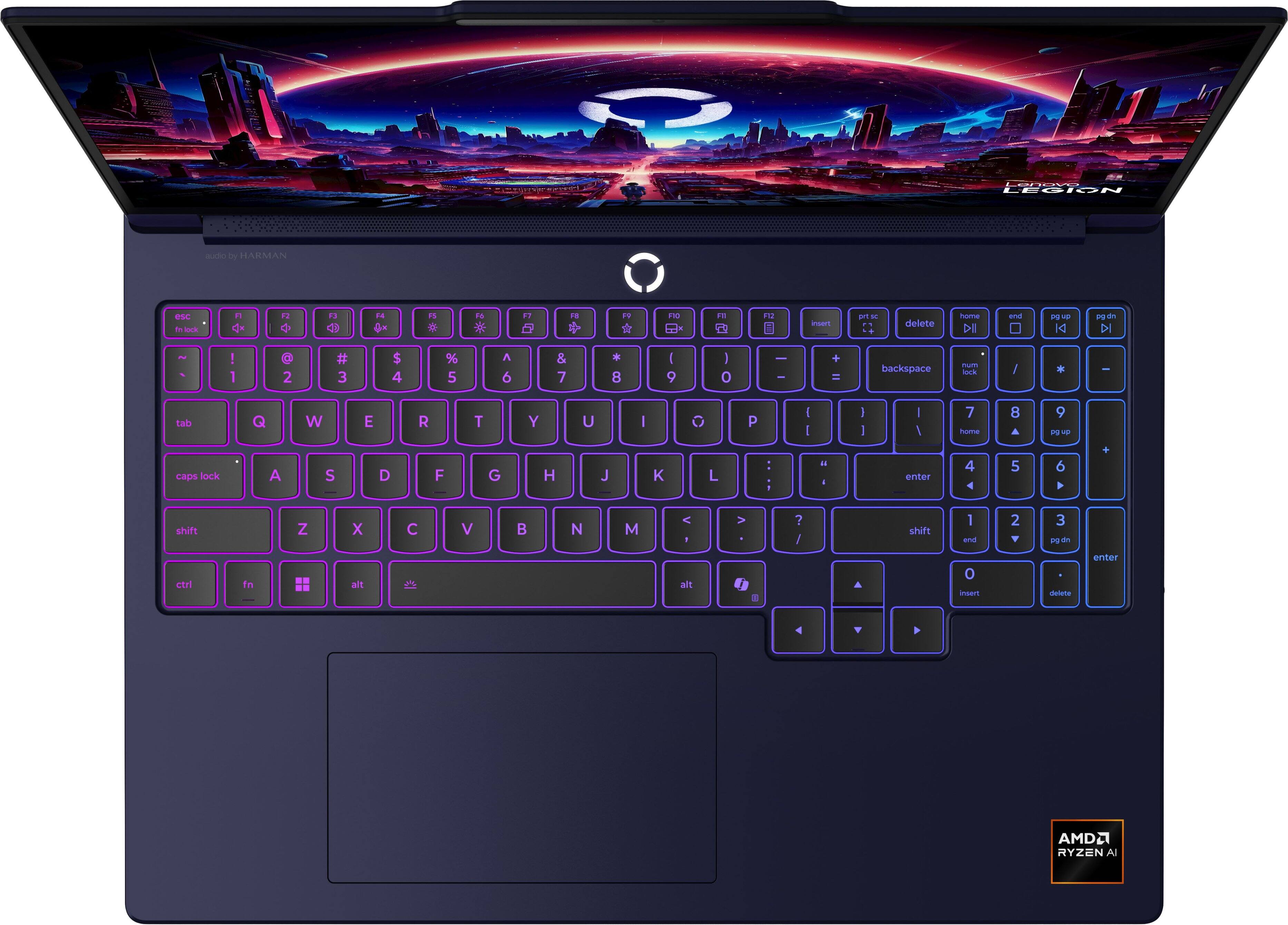 EN LEGION audio by HARMAN  
esc F1 F2 F3 F4 F5 F6 F7 F8 F9 F10 F11 F12  
tab Q W E R T Y U I O P  
caps lock A S D F G H J K L : "  
shift Z X C V B N M , . /  
shift 1 2 3 4 5 6 7 8 9 0  
insert delete home end pg up pg dn  
backspace num / * - +  
AMD RYZEN AI