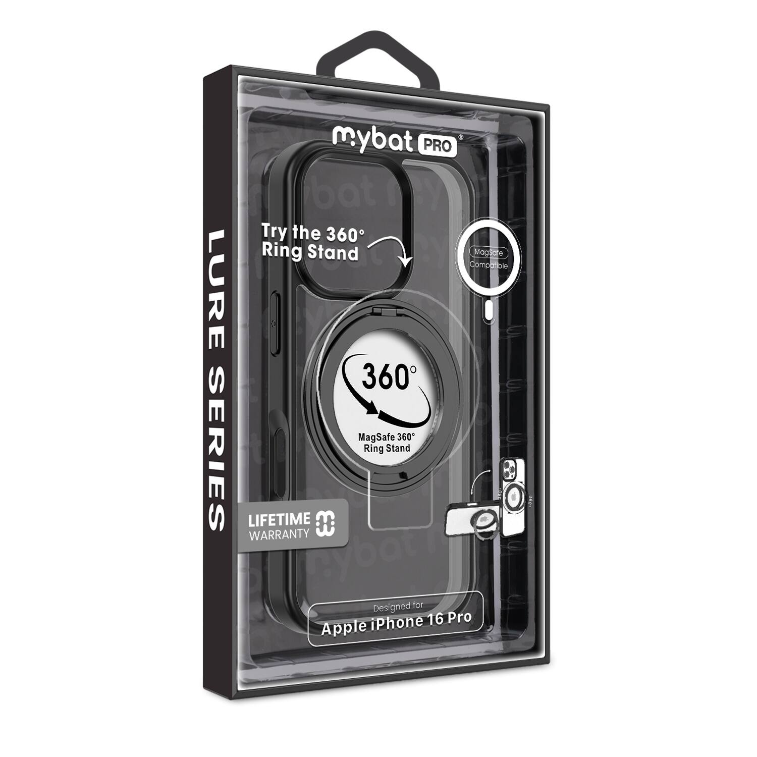 mybat PRO

LURE SERIES

Try the 360° Ring Stand

360° MagSafe Ring Stand

MagSafe Compatible

LIFETIME WARRANTY

Designed for Apple iPhone 16 Pro

Safe 360° Ring Stand