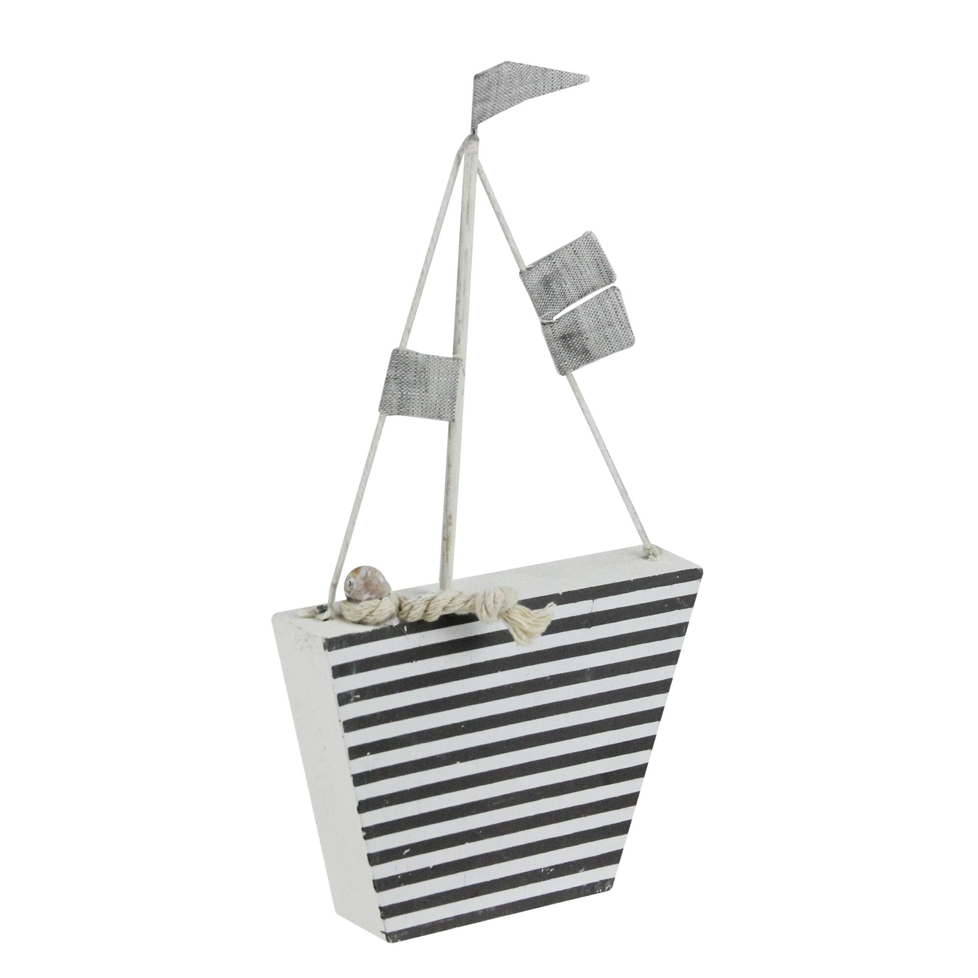 Alt View 1. Northlight - Cape Cod Inspired Striped Boat Decoration - 8.75” - Gray.