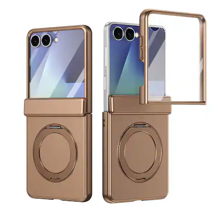 Front. Dteck - For Samsung Galaxy Z Flip8 Rugged Case With Screen Protector, Shockproof Magnetic Ring Stand Hinge Protection Cover - Gold.