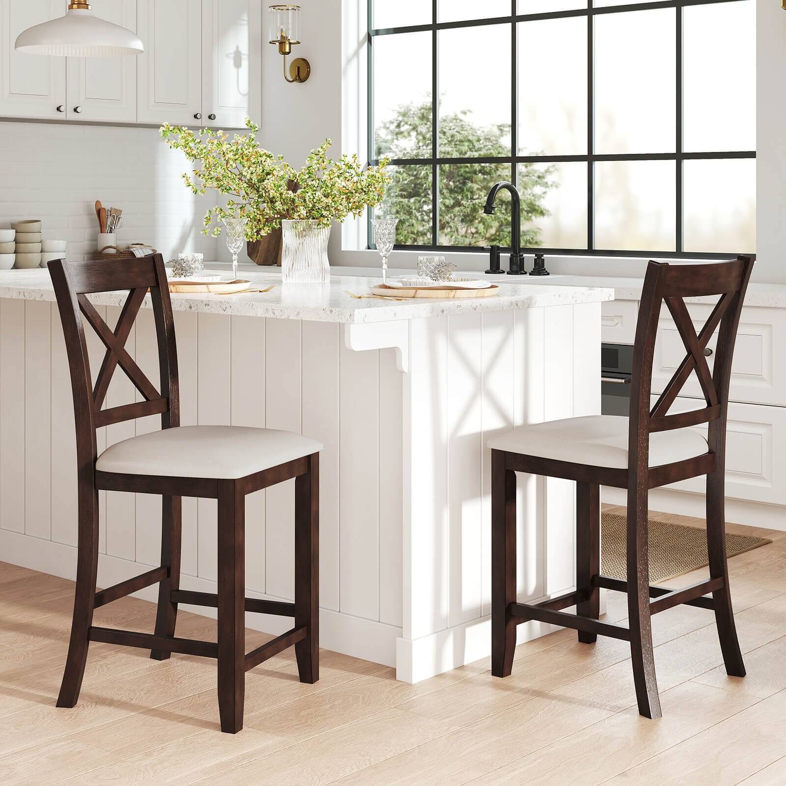 Alt View 1. Costway - Costway Rubber Wooden Bar Stools Set of 2 with Footrest Comfortable Linen Cushion - Walnut,Gray.