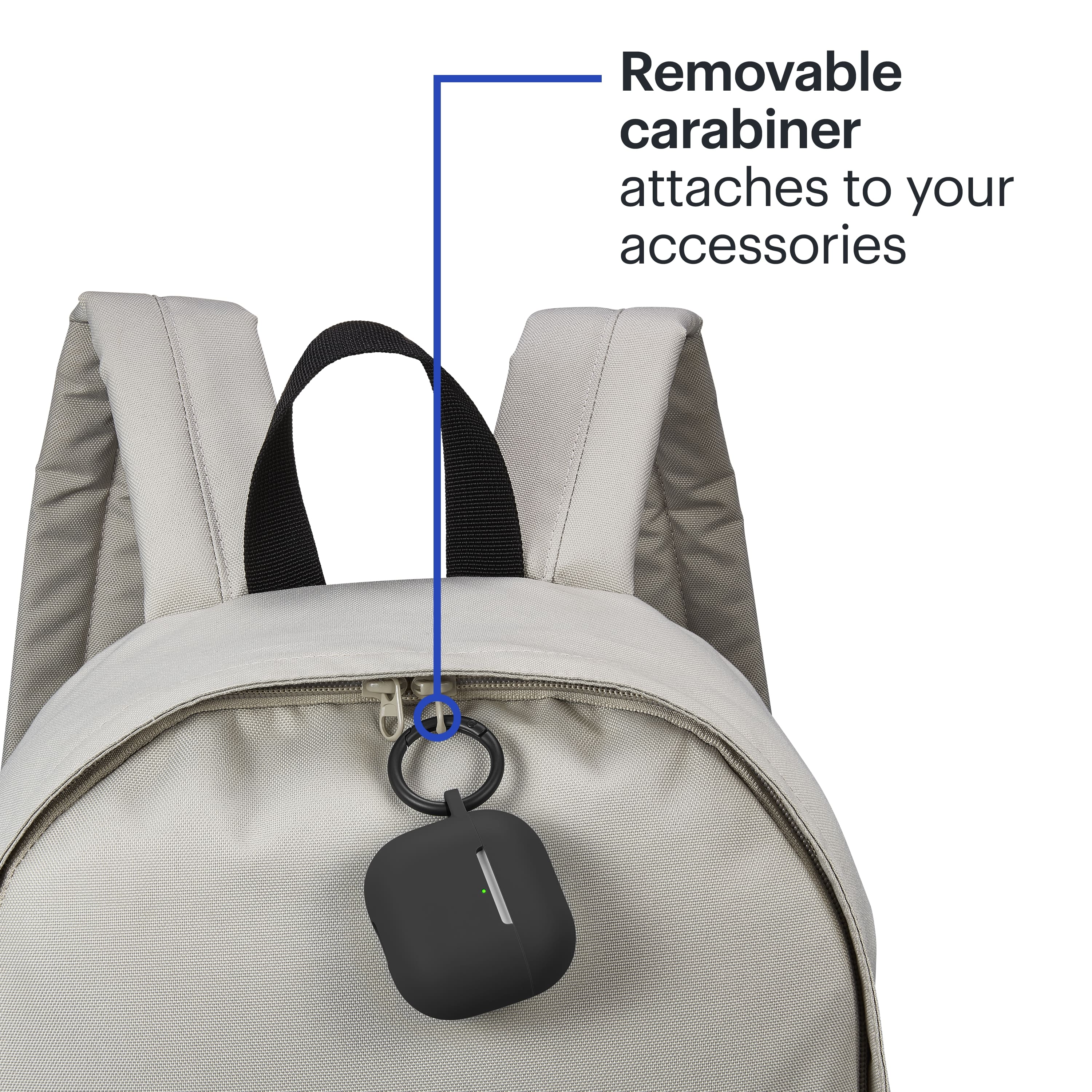 The text on the image reads: "Removable carabiner attaches to your accessories."