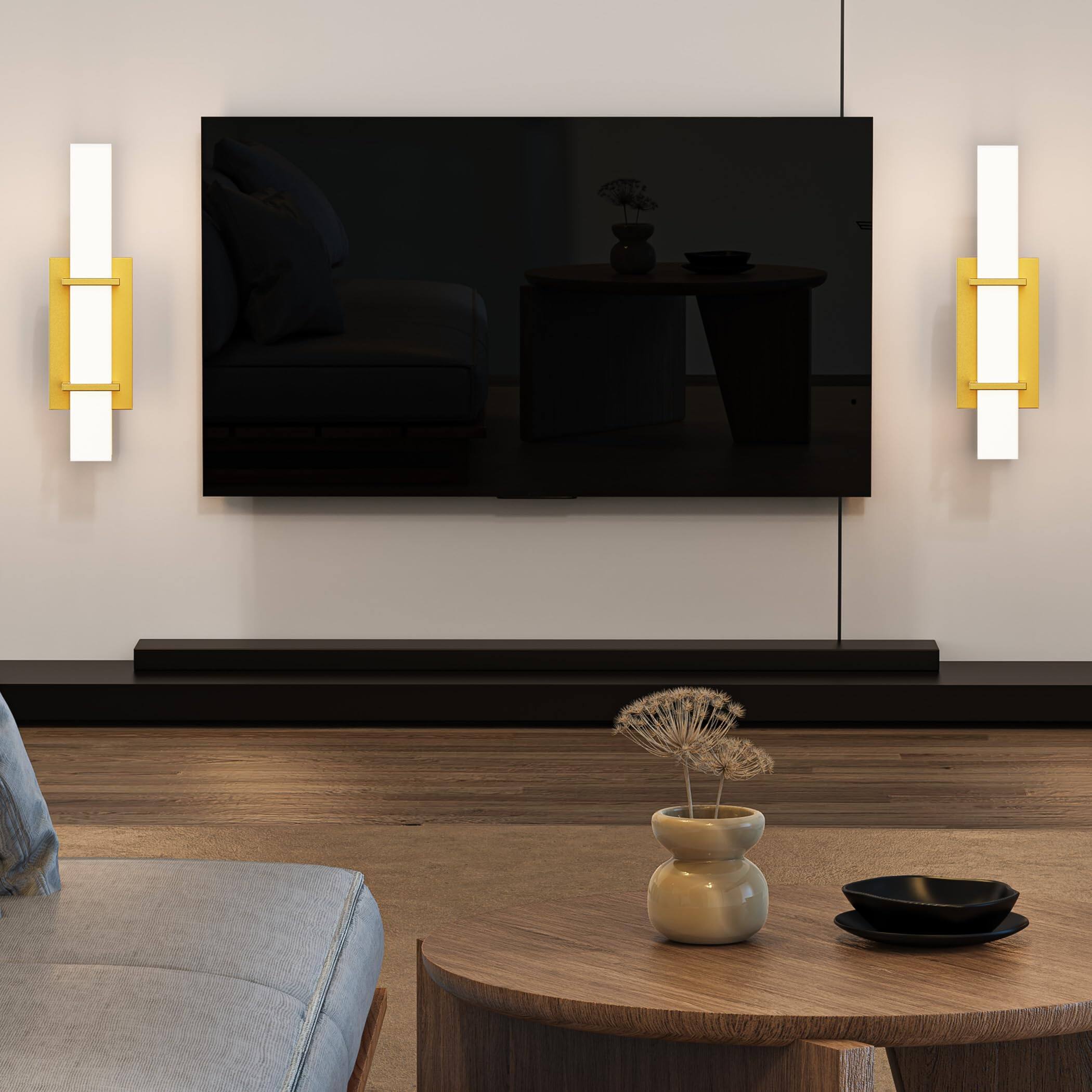 Left. E.P. Light - Set of 2 Minimalist LED Hardwired Wall Sconces - Gold.