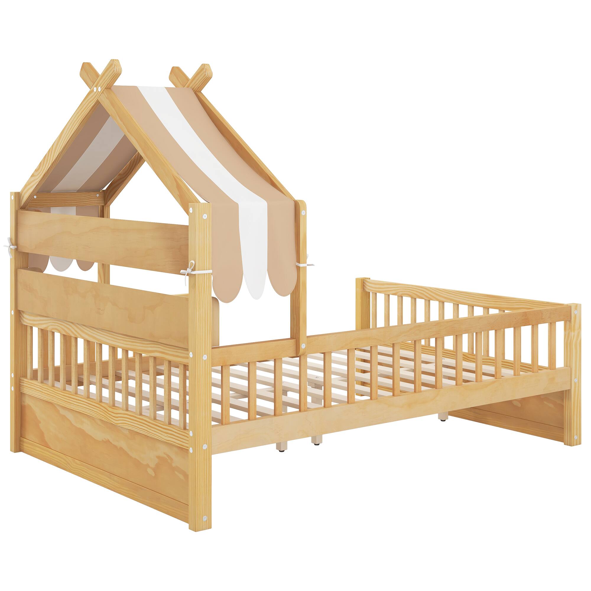 Alt View 1. Whisen - Wooden House Platform Bed with Storage Headboard Shelf and Fabric Canopy - Natural.
